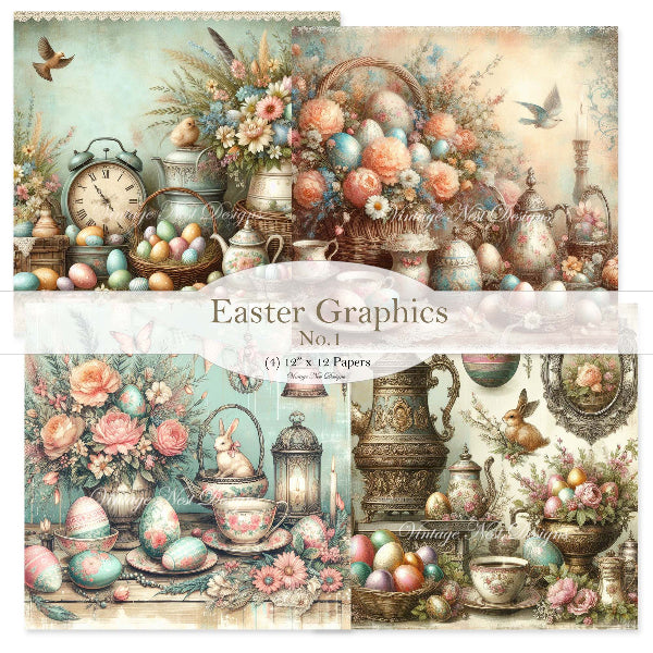 Easter-themed graphics with eggs, flowers, and decorative items on a vintage background.