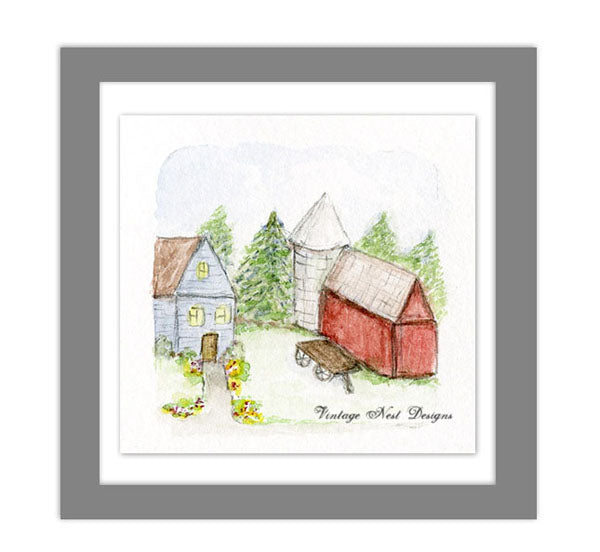 Vie à la Ferme n°3 Peinture aquarelle imprimée numérique miniature