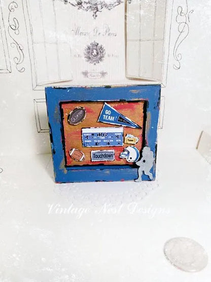 Miniature Football Collage No.1 Blue Wood Frame Dollhouse Diorama Shadow Box
