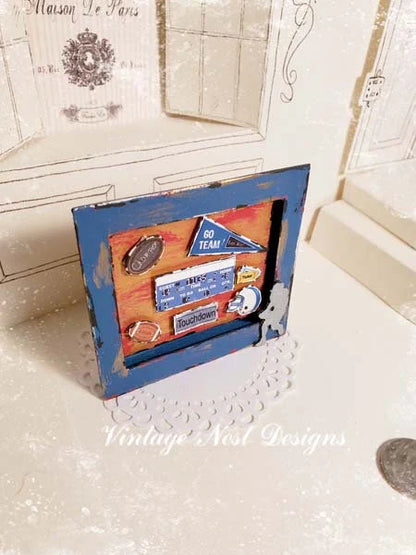 Miniature Football Collage No.1 Blue Wood Frame Dollhouse Diorama Shadow Box