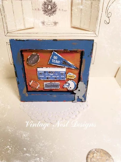 Miniature Football Collage No.1 Blue Wood Frame Dollhouse Diorama Shadow Box