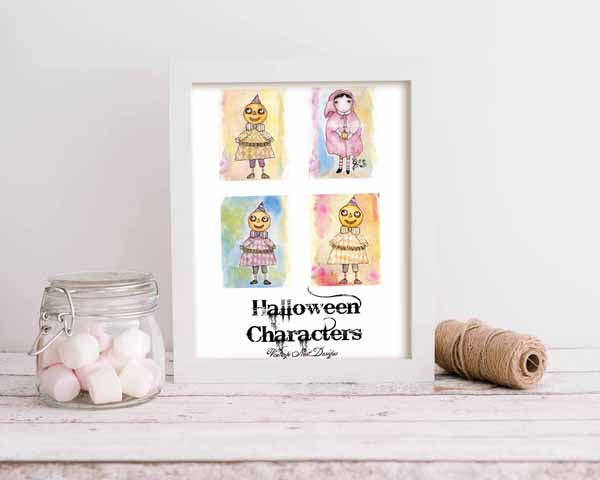 Digitaldruck Halloween-Figuren Nr. 1 Aquarell-Aquarelle Sofortiger Download
