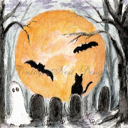 Digital Print Halloween Ghosts No.2:2 Miniature Watercolor Painting Instant Download