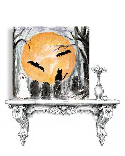 Digital Print Halloween Ghosts No.2:2 Miniature Watercolor Painting Instant Download
