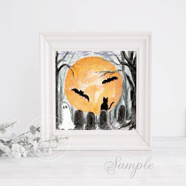 Digital Print Halloween Ghosts No.2:2 Miniature Watercolor Painting Instant Download