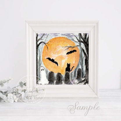 Digital Print Halloween Ghosts No.2:2 Miniature Watercolor Painting Instant Download