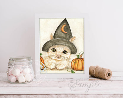 Digital Print Halloween Kitten No. ACEO Watercolor Instant Download