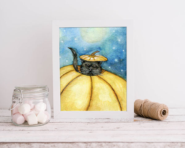 Digital Print Pumpkin Kitty No.1 ACEO Watercolor Painting Instant Download