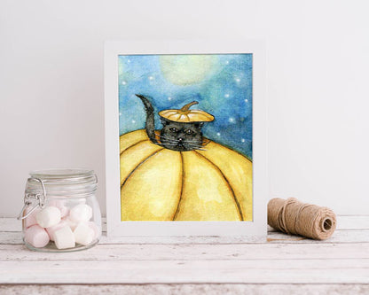 Digital Print Pumpkin Kitty No.1 ACEO Watercolor Painting Instant Download