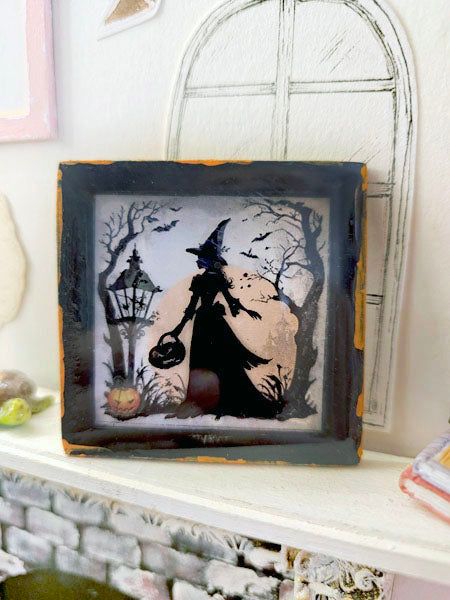 Miniature Halloween Witch Silhouette No.1 for Dollhouse Decor Shadow Box Diorama