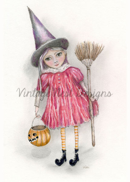 Digitaler Druck Halloween Hexe Mädchen Nr.1 Aquarellmalerei