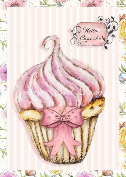 Digital Print Hello Cupcake No.1 Watercolor Instant Download