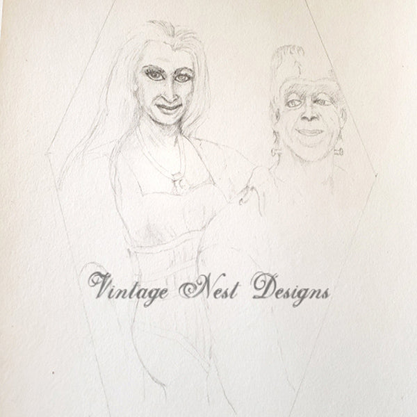Digital Print Herman & Lilly Munster Halloween Pencil Drawing Instant Download