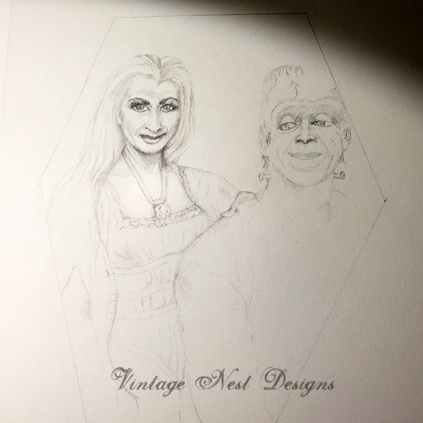 Digital Print Herman & Lilly Munster Halloween Pencil Drawing Instant Download
