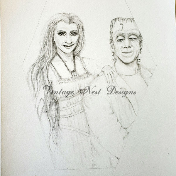 Digital Print Herman & Lilly Munster Halloween Pencil Drawing Instant Download