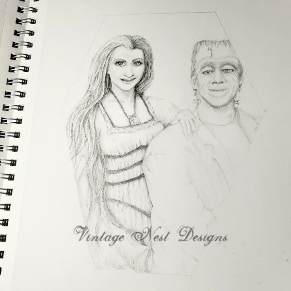 Digital Print Herman & Lilly Munster Halloween Pencil Drawing Instant Download