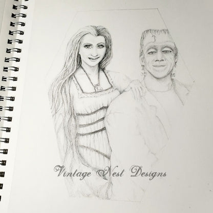 Digital Print Herman & Lilly Munster Halloween Pencil Drawing Instant Download