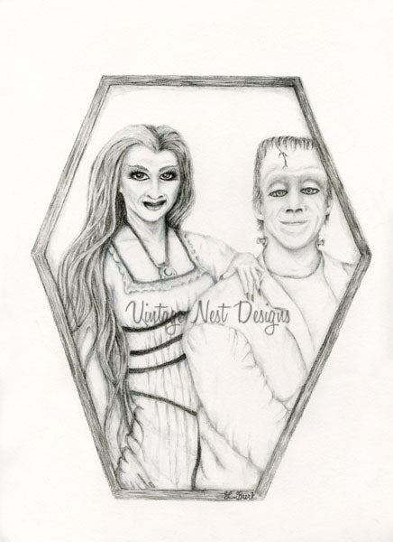 Digital Print Herman & Lilly Munster Halloween Pencil Drawing Instant Download
