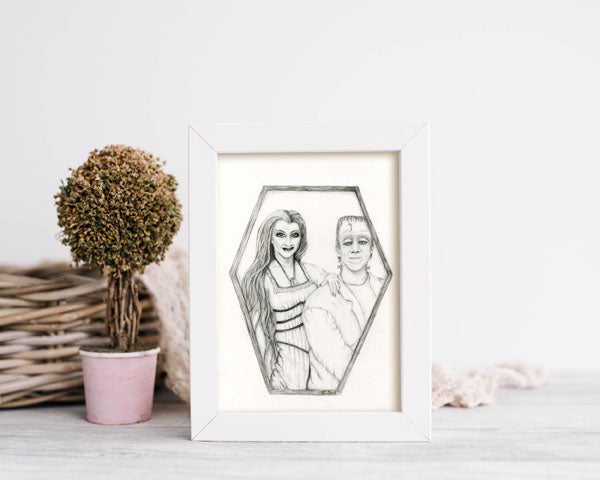 Digital Print Herman & Lilly Munster Halloween Pencil Drawing Instant Download