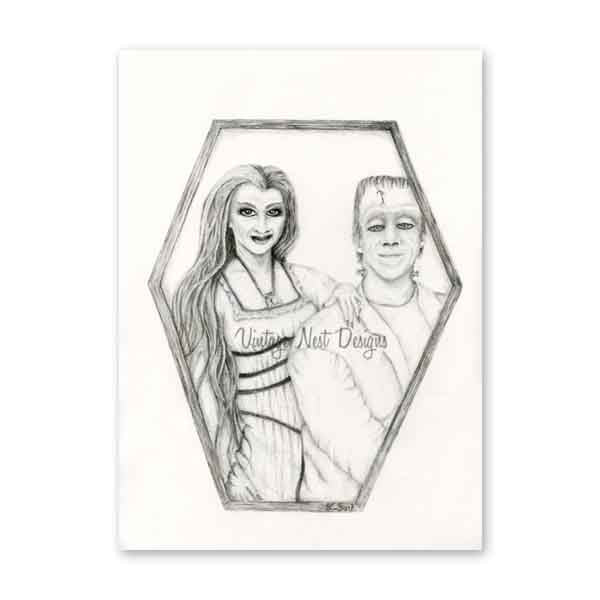Digital Print Herman & Lilly Munster Halloween Pencil Drawing Instant Download