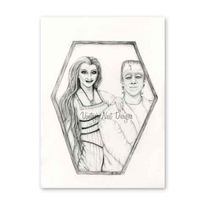 Digital Print Herman & Lilly Munster Halloween Pencil Drawing Instant Download