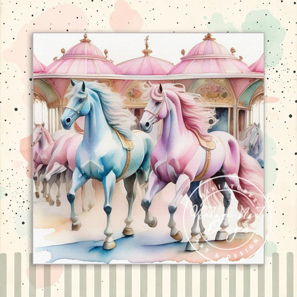 Digital Print Carousel Horses No.1 Illustration Instant Download