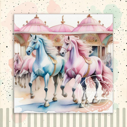Digital Print Carousel Horses No.1 Illustration Instant Download