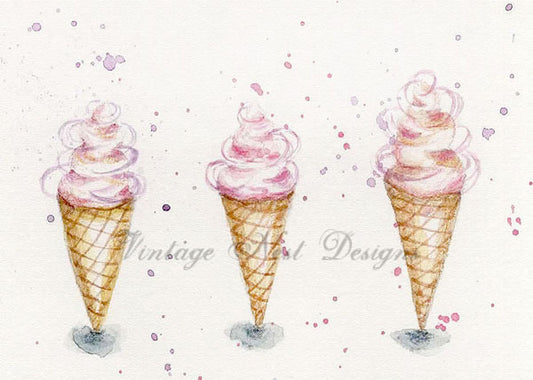 Digital Print Ice Cream Cone No.3 ACEO Watercolor Painting Instant Download