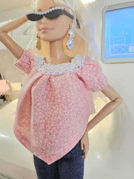 Miniature Fashion Barbie Doll Jeans Floral Top No.1 Handmade 12" Scale