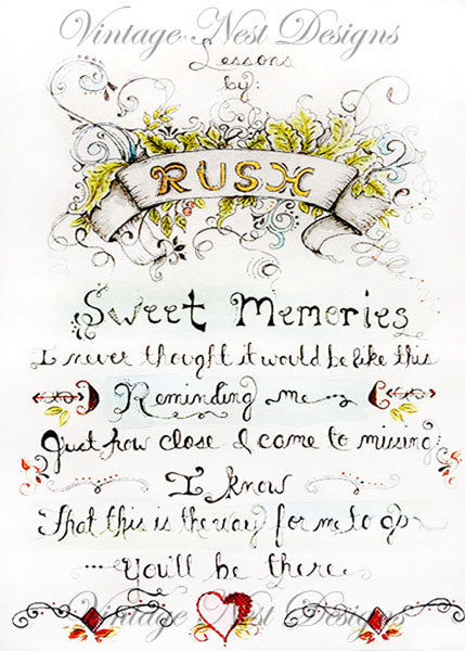 A vintage-style typographic design print with ornate black script text reading 'Sweet Memories' and decorative flourishes, hearts, and floral elements in black, white, yellow, and red. The top reads 'Vintage Nest Designs' and 'Lesson by: RUSK'.
