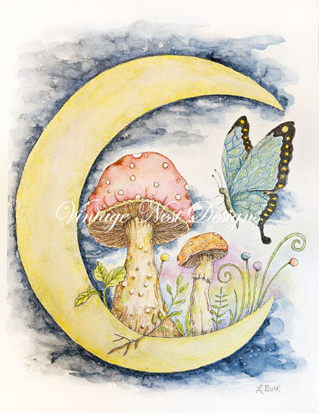 Digital Print Mushrooms and Butterflies No.1 Watercolor Painting Instant Download