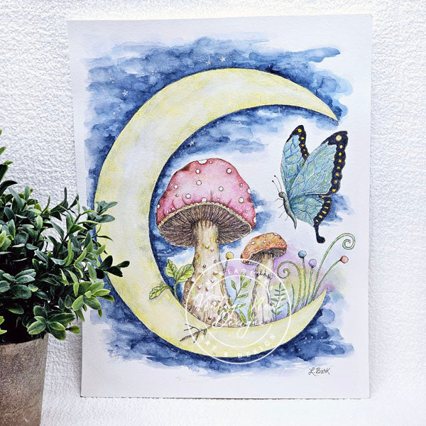 Digital Print Mushrooms and Butterflies No.1 Watercolor Painting Instant Download