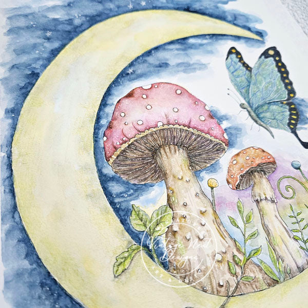 Digital Print Mushrooms and Butterflies No.1 Watercolor Painting Instant Download