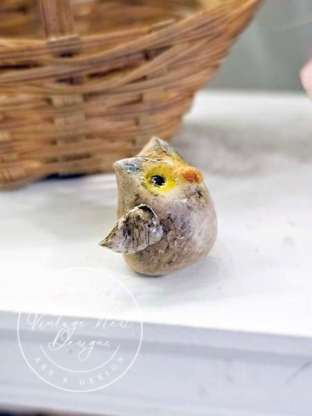 Miniature Owl No.5 Porcelain Handmade for Dollhouse Shadow Box or Diorama Room