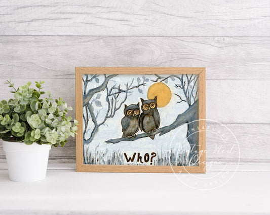 Digital Print One Who? Owls No.1 Watercolor Painting Instant Download