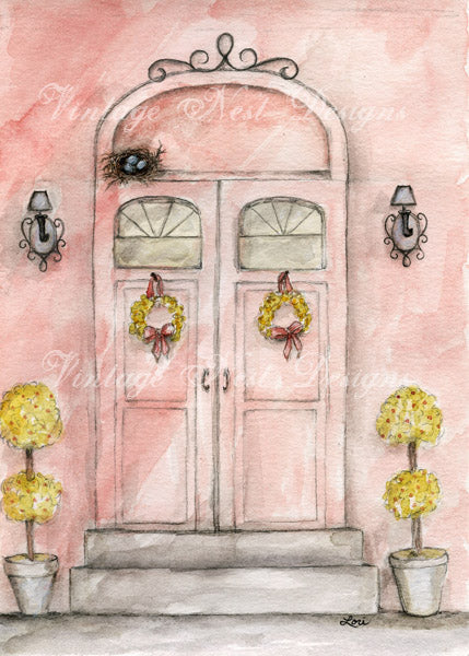 Digital Print Paris Pink Doors No.1 Watercolor Painting Instant Download