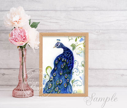 Digital Print Peacock No.1 Watercolor Painting Instant Downoad