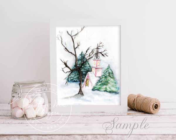 Digital Prints Pink Church in the Woods No.1 Watercolor Painting Instant Download