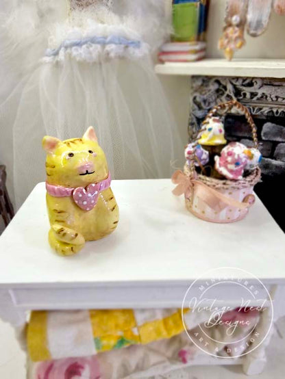 Miniature Cat No.2 Porcelain Handmade for Dollhouse Shadow Box or Diorama Room