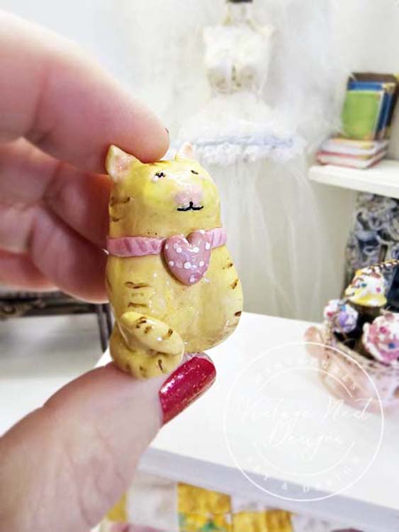 Miniature Cat No.2 Porcelain Handmade for Dollhouse Shadow Box or Diorama Room