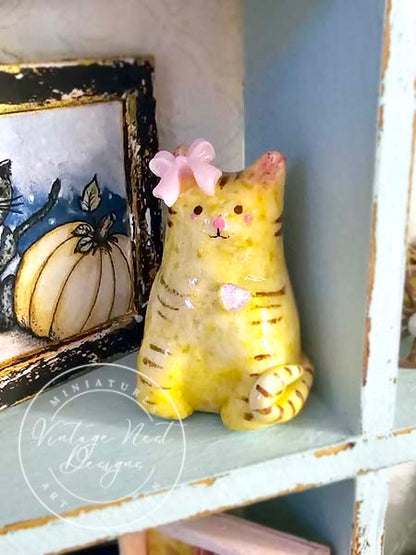 Miniature Cat No.3 Porcelain Handmade for Dollhouse Shadow Box or Diorama Room