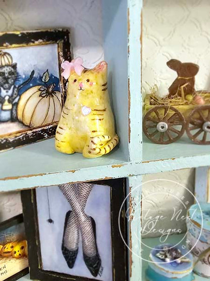 Miniature Cat No.3 Porcelain Handmade for Dollhouse Shadow Box or Diorama Room