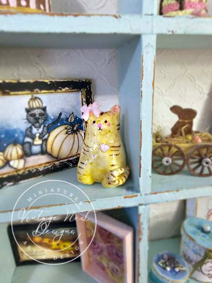Miniature Cat No.3 Porcelain Handmade for Dollhouse Shadow Box or Diorama Room