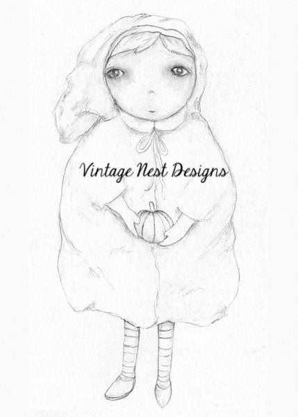 Digital Print Pumpkin Girl No.1 Pencil Drawing Instant Download