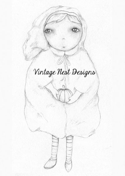 Digital Print Pumpkin Girl No.1 Pencil Drawing Instant Download