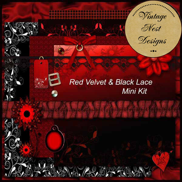 Kit de scrapbooking illustration velours rouge et dentelle noire