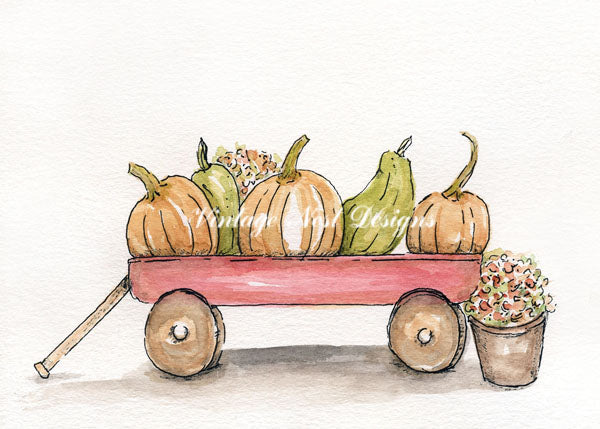 Digital Prints Red Wagon & Pumpkins No.1 Watercolor Painting Instant Download