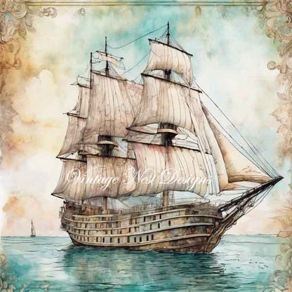 Digital Print Ship Sailing Away No.1 Illustration Instant Download