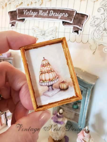 Miniature Stacked Fall Halloween Pumpkins No.1:1 Handmade for Dollhouse Wooden Framed Art