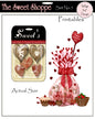 Valentine-themed printables from The Sweet Shoppe with heart designs and a pink vase.